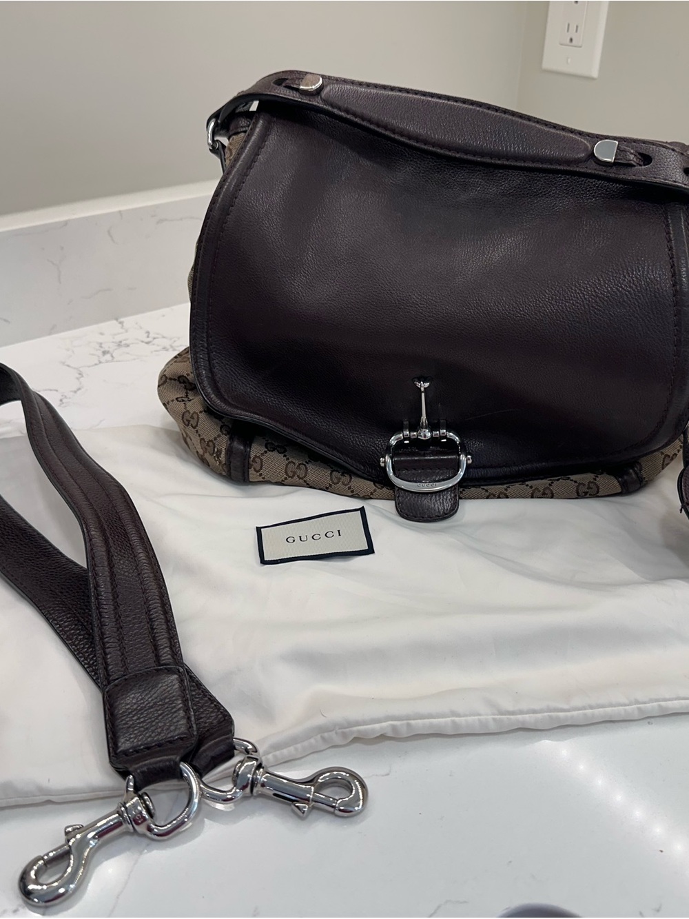 Gucci Dark Brown Leather Saddle Shoulder Bag with GG Canvas Trim